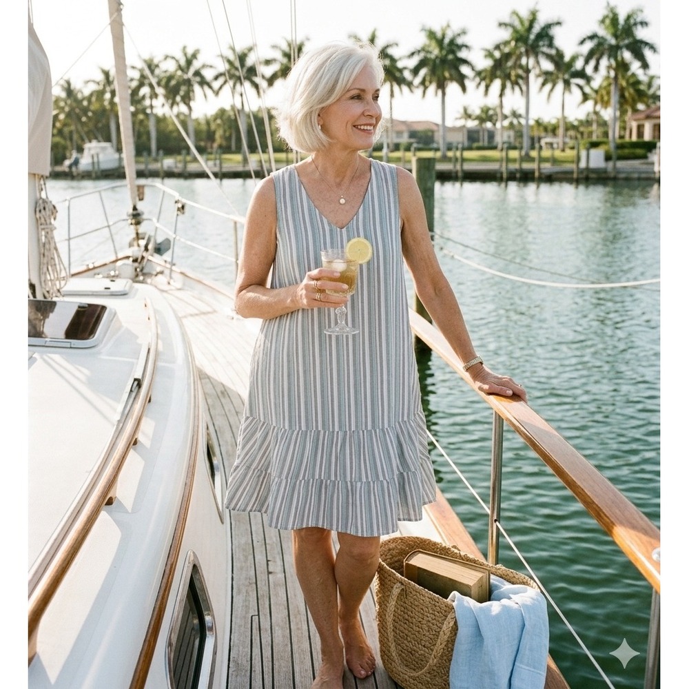 Fresh Produce Striped Midi Dress Size M Coastal Chic Lagenlook Tiered Boho